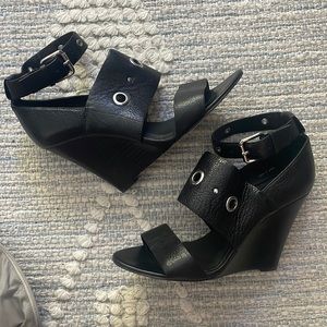 Rebecca Minkoff leather silver eyelet wedges